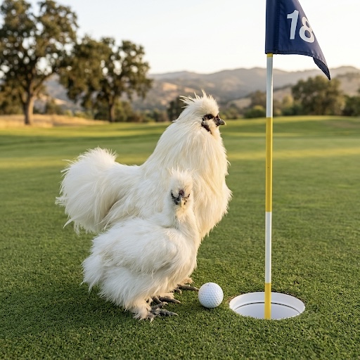 Gallinas Silkie de punto.pio junto al hoyo 18 de un campo de golf